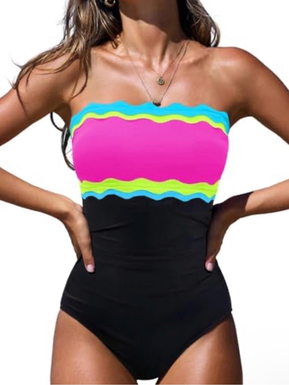 Popvil Strapless Colorblock One-Piece Swimsuit in Pink & Black